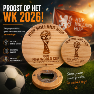 wk 2026 set 2 wk houten onderzetters + wk flesopener